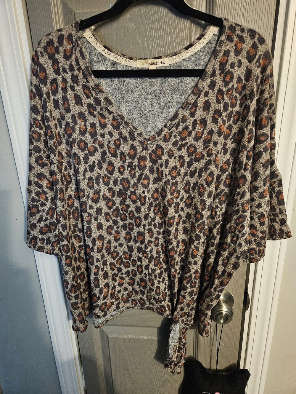 Rewind Leopard Tie-Front V-Neck Top in Gray and Brown